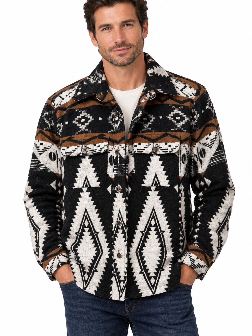 Men's Aztec-Inspired Shacket in Black, White & Brown